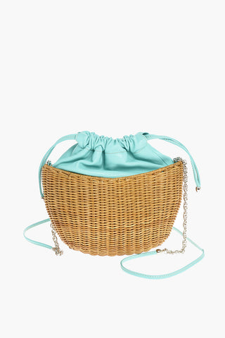 Drawstring Wicker Shoulder Bag with Leather Detail
