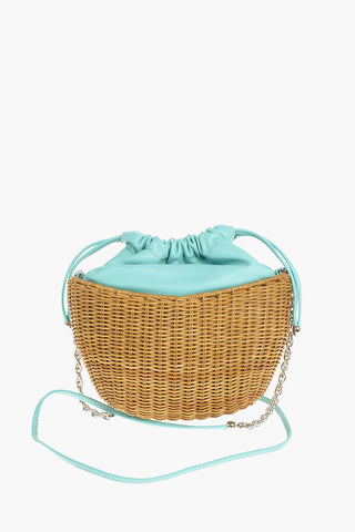 Drawstring Wicker Shoulder Bag with Leather Detail