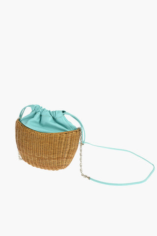 Drawstring Wicker Shoulder Bag with Leather Detail