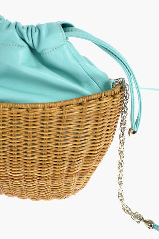 Drawstring Wicker Shoulder Bag with Leather Detail
