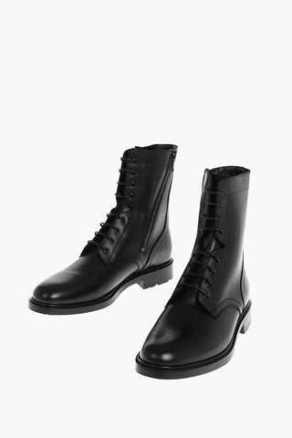 Inner Zip Lace-up Leather Combat Booties