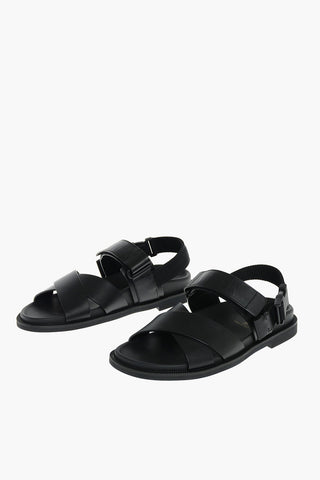 Velcro Fastening Criss Cross Leather Sandals with Buckle