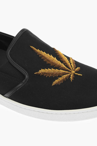 leaf embroidered canvas slip on sneakers
