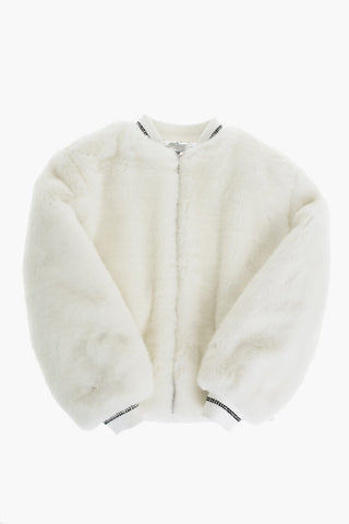 faux fur bomber jacket with rhinestones on the collar