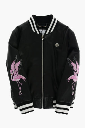 leather bomber jacket with contrasting stripes