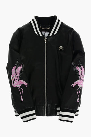 leather bomber jacket with contrasting stripes