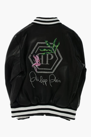 leather bomber jacket with contrasting stripes