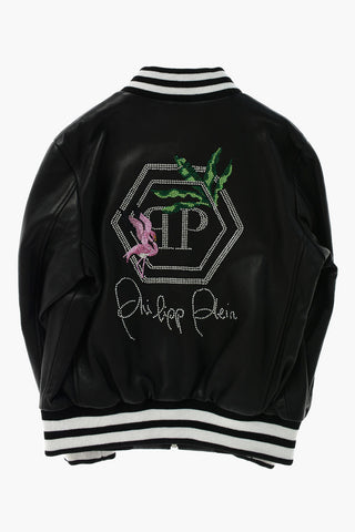 leather bomber jacket with contrasting stripes