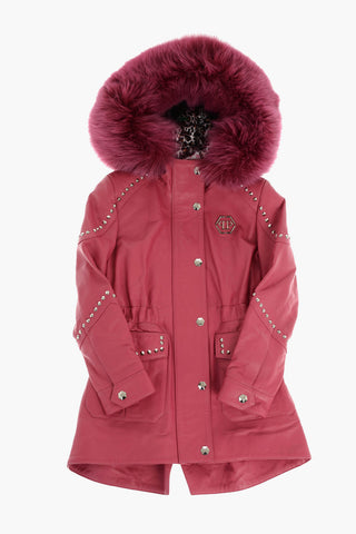 leather HELEN parka with detachable real fur trim