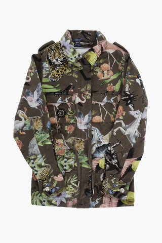 printed ALOHA utility jacket with hidden closure