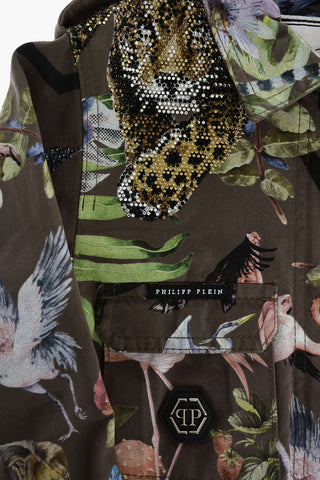 printed ALOHA utility jacket with hidden closure