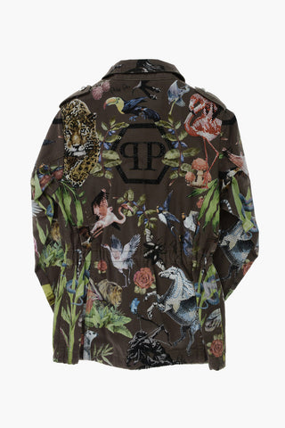 printed ALOHA utility jacket with hidden closure