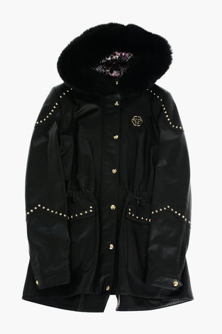 leather HELEN parka with detachable real fur trim