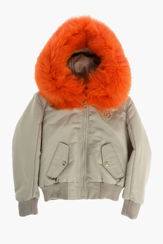 puffer jacket with rhinestone skull and fur detail