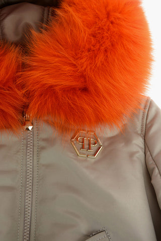 puffer jacket with rhinestone skull and fur detail