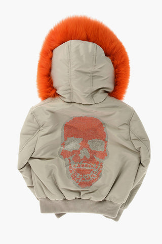 puffer jacket with rhinestone skull and fur detail