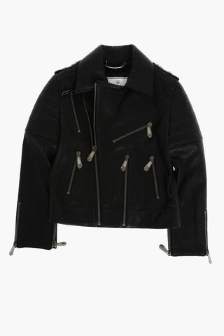 Textured leather AWAKE biker with zip sleeve