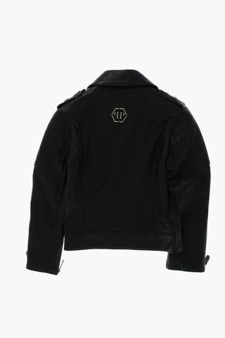 Textured leather AWAKE biker with zip sleeve