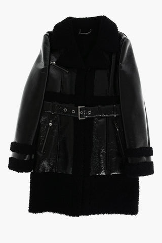 patent leather maxi biker with shearling details and belt