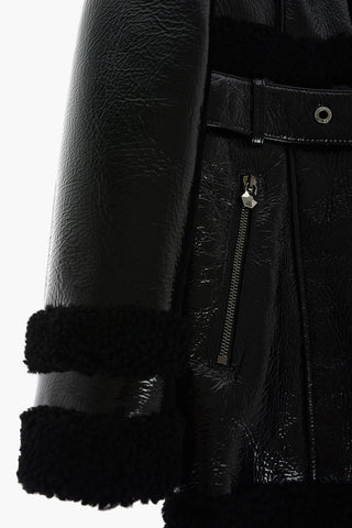 patent leather maxi biker with shearling details and belt