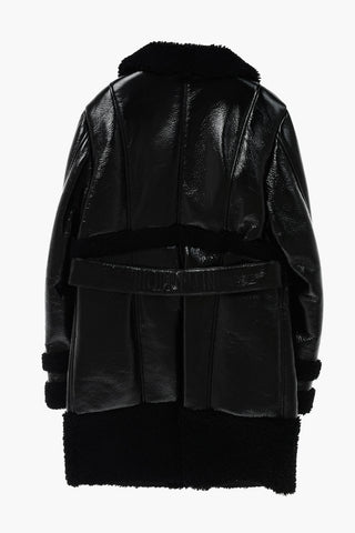 patent leather maxi biker with shearling details and belt