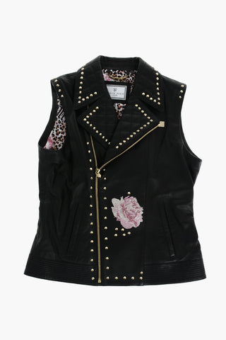 EST.1978 leather LOVE ROSES sleeveless jacket with studs and rhinestones