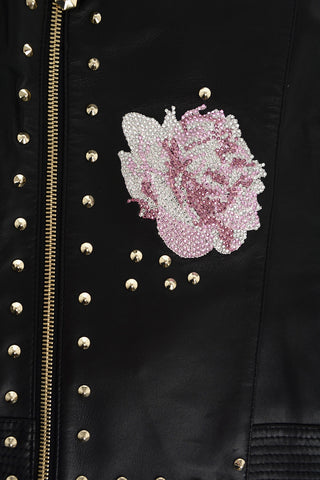 EST.1978 leather LOVE ROSES sleeveless jacket with studs and rhinestones