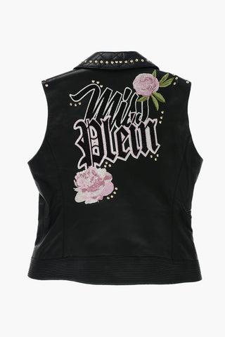 EST.1978 leather LOVE ROSES sleeveless jacket with studs and rhinestones