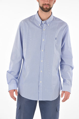 Camicia Gessata in Cotone con Collo Button-down