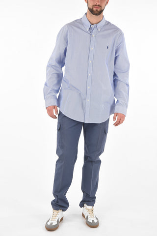 Camicia Gessata in Cotone con Collo Button-down