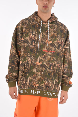 all over leaves printed hoodie with maxi patch pocket