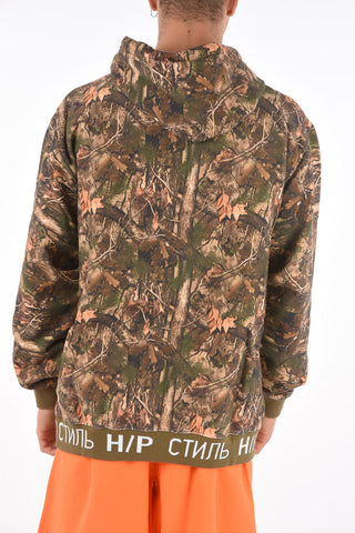 all over leaves printed hoodie with maxi patch pocket