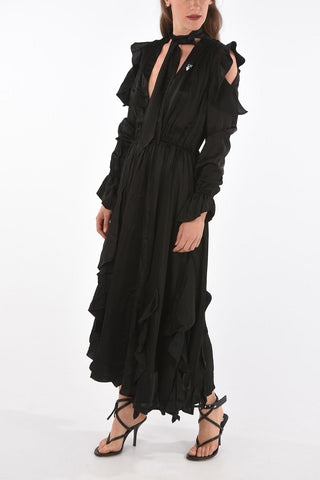 cold shoulder tie neck ruffled asymmetric ROMANTIC  maxi dress