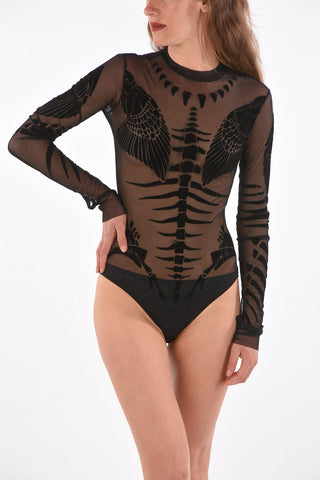 skeleton motif long sleeve sheer T-NOELAY-H bodysuit