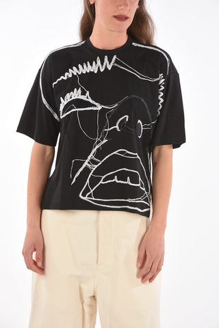 BLACK GOLD double splid side hem abstract embroidered TELIX t-shirt