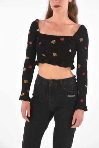 leaves embroidered long sleeve crop top