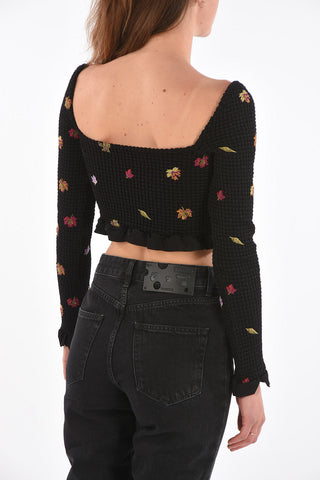 leaves embroidered long sleeve crop top