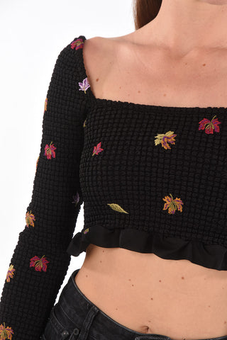 leaves embroidered long sleeve crop top