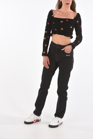 leaves embroidered long sleeve crop top