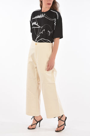 drawstring waist 4 pockets cotton Wide Leg Pants