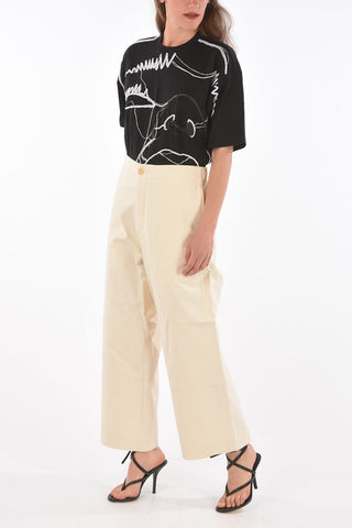 Pantaloni Wide Leg in cotone a 4 tasche con elastico in vita
