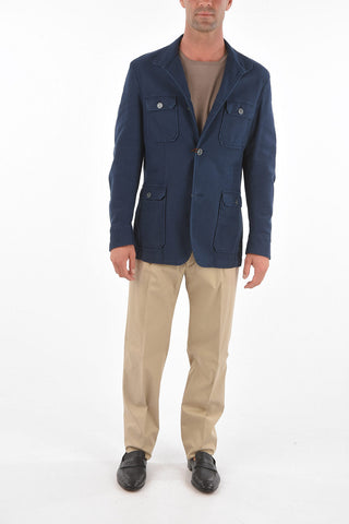 ID Blazer a 3 Bottoni in Cotone e Lino con Tasche a Toppa