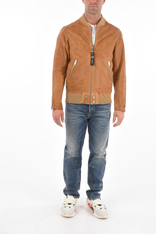 Distressed Detail L-DAVIDOV Leather Bomber Jacket