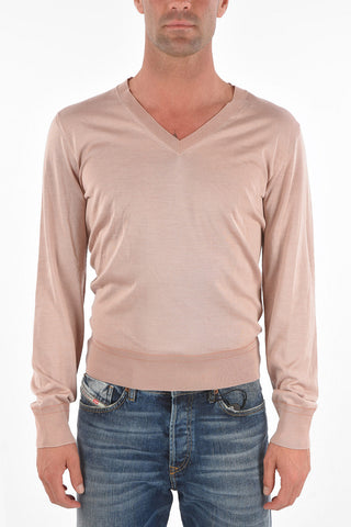 Silk V-neck Sweater with Ribbed Hems