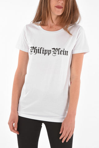 Crew Neck Strass Logo Cotton T-Shirt