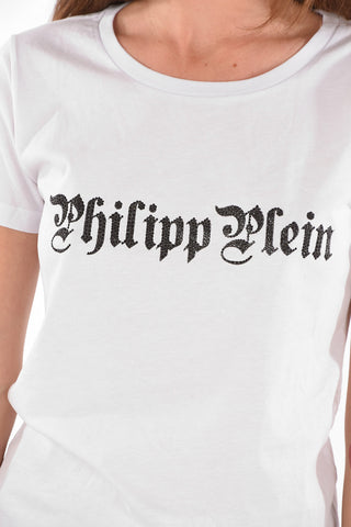 Crew Neck Strass Logo Cotton T-Shirt