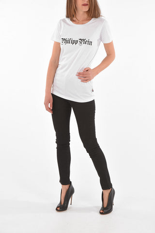 Crew Neck Strass Logo Cotton T-Shirt