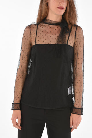 Mesh Long-sleeve Top with Tie neck