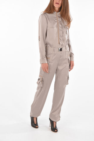 Satin Cargo Jumpsuit with Ruffle Detail