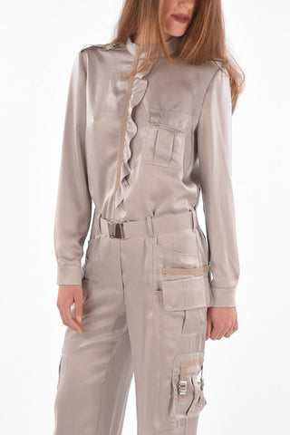 Satin Cargo Jumpsuit with Ruffle Detail